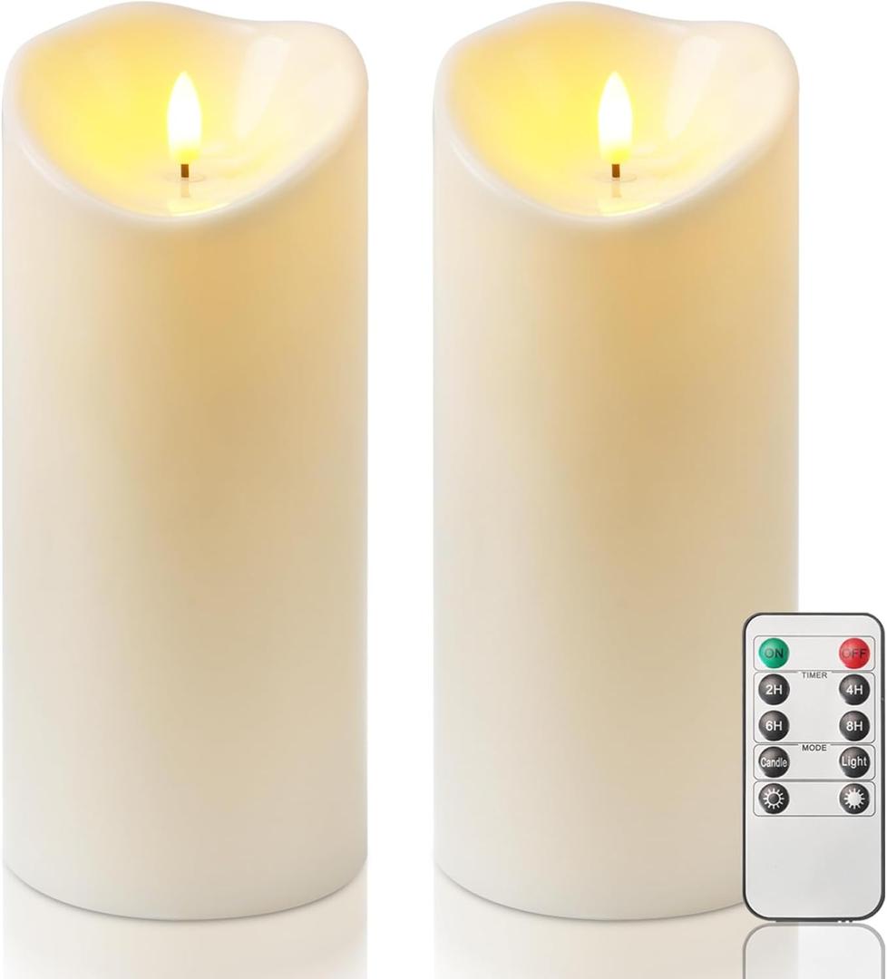 Homemory 4"x9" Outdoor Waterproof Flameless Candles with Timers and Remote Control, Battery Operated Candles, LED Plastic Candles, Ivory White, Set of 2