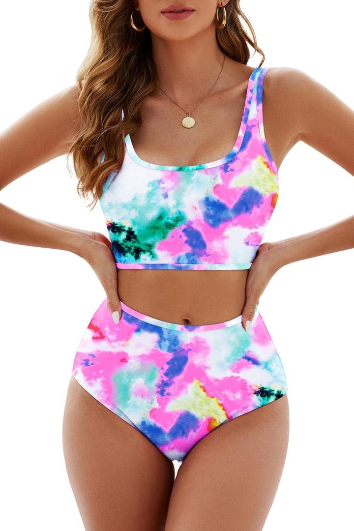 Adisputent Womens High Waisted Bikini Color Block Swimwear Bandeau Top Sports Style Scoop Crop Swimsuit 2 Piece Bathing Suits (Large)