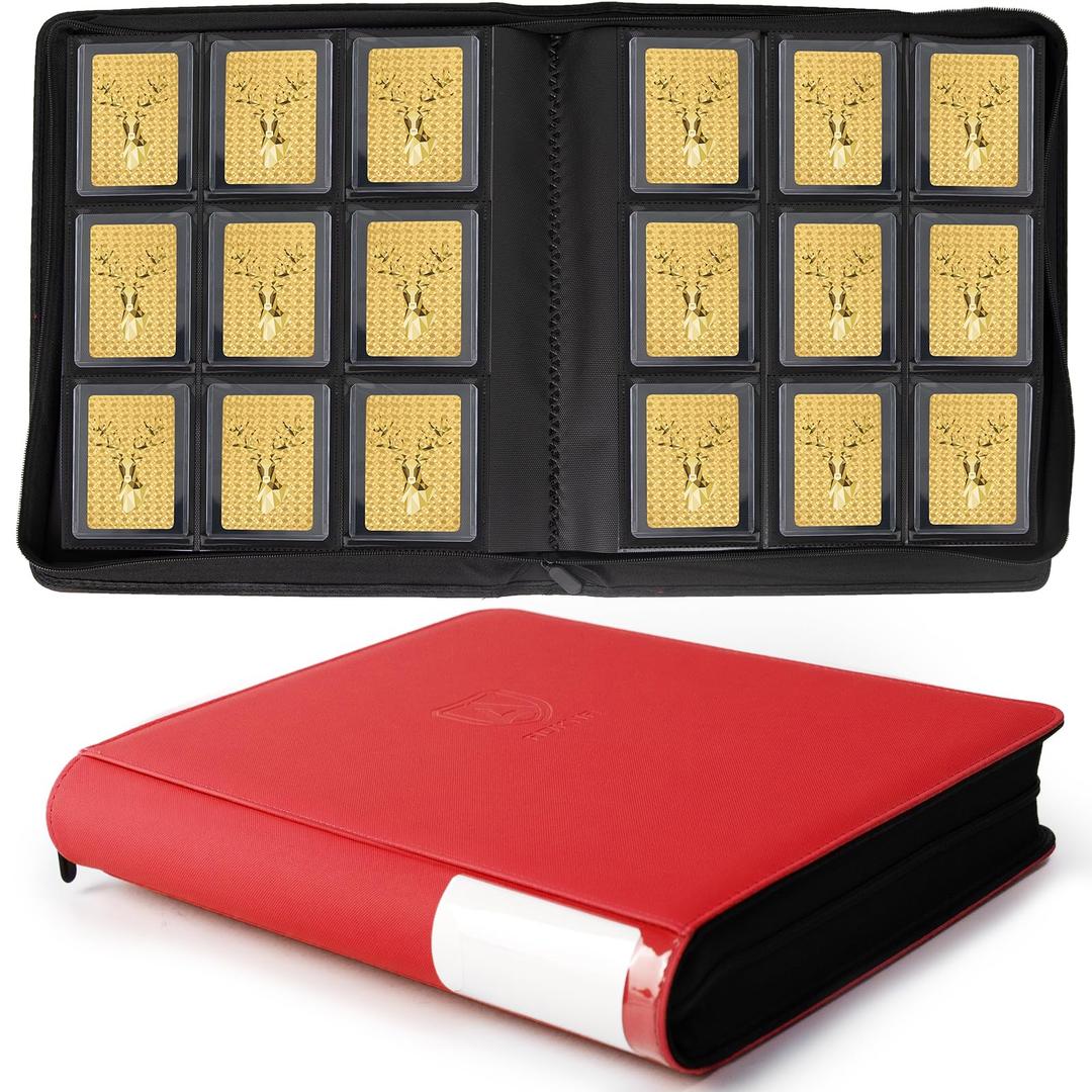 Toploader Binder, Holds 360 Toploaders, Top Loader Binder with 9 Pockets for 3" x 4" Rigid Cards, Double-Sided Pockets Card Binder Top Loader for Trading Cards or Sports Cards (red)