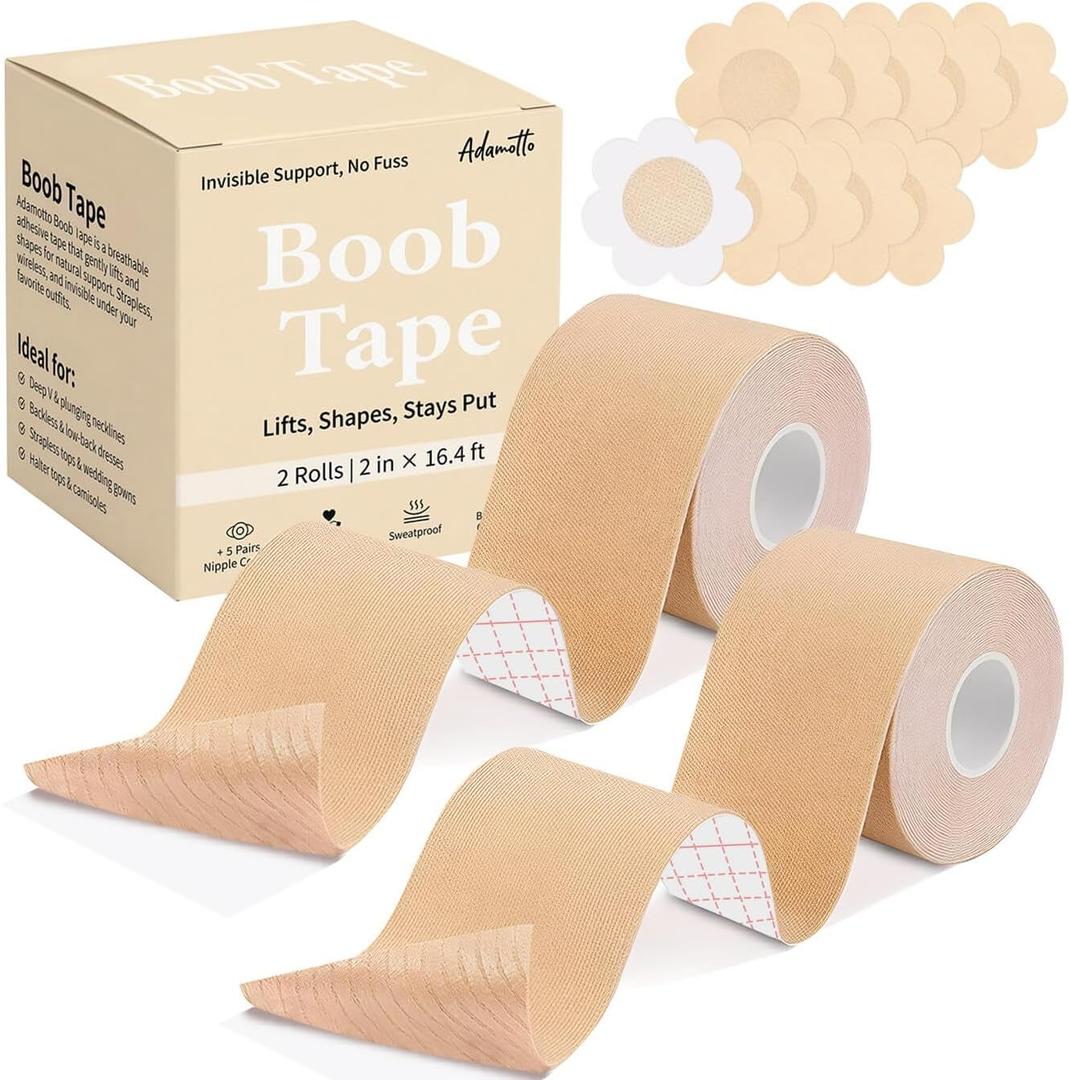 2 x Adamotto Boob Tape for Breast Lift - 2 Rolls Waterproof Adhesive Body Tape with 5 Pairs Nipple Covers, Invisible Support for Backless Strapless Dresses A-DD Cup Beige