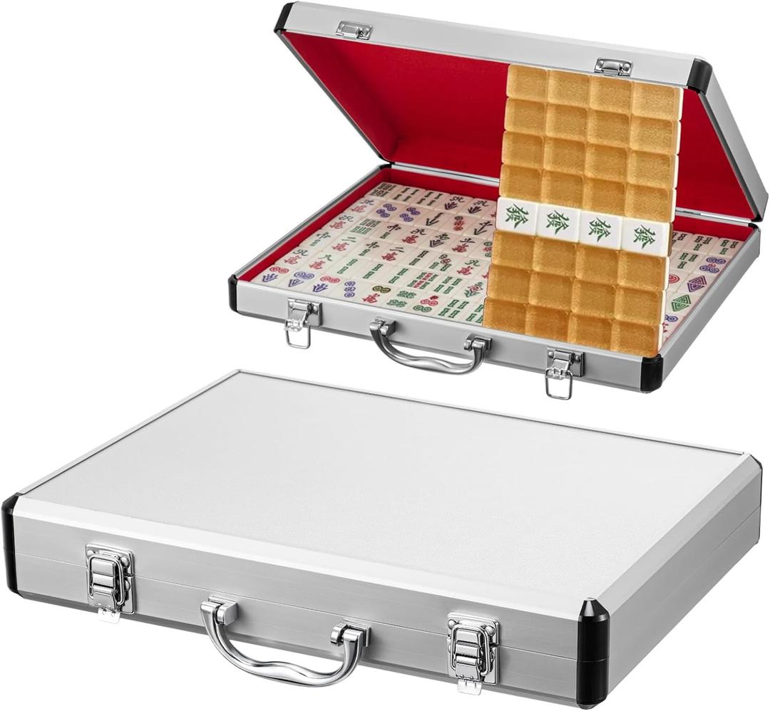 Empty Mahjong Case 14" x 10.75" x 2" Aluminum Briefcase Mahjong Tiles Metal Protective Case Portable File Organizer Storage Box for American Game Lover Gift, Silver