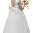Flower Girl Dress Satin Tulle Crew Neck Girl's Elegant Pearls Wedding Party Dresses Long with Bowknot, Size 14
