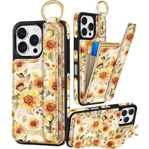 Petitian for iPhone 16 Pro Max Case Wallet - Women Girls Cute Girly Aesthetic Unique Design Leather Credit Card Holder Cardholder Stand Wristband for iPhone 16 Pro Max, Sunflower