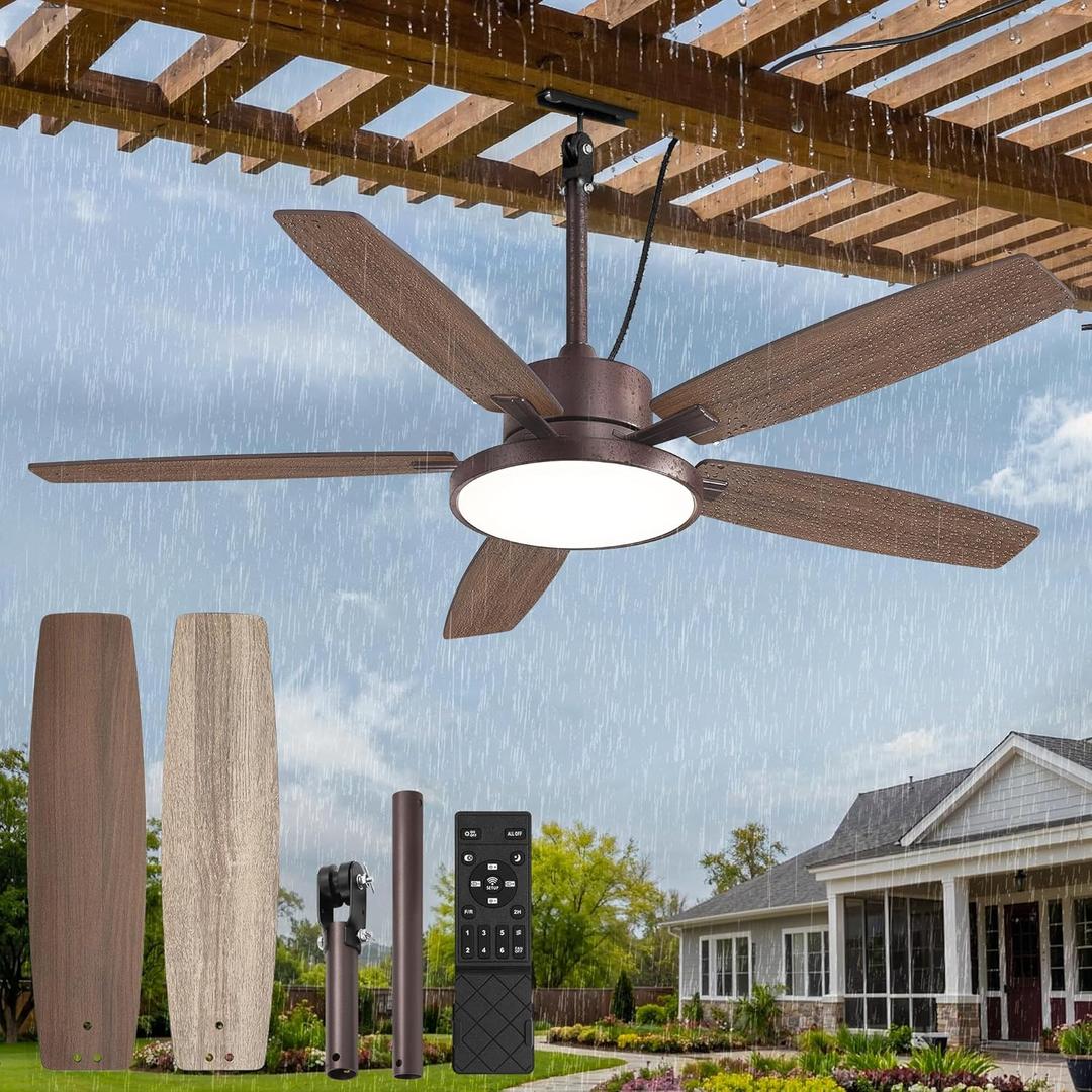 Fanbulous 52'' Outdoor Ceiling Fans with Light and Remote,IP65 Wet Rated Waterproof Ceiling Fan with 6-Speed DC Motor, Farmhouse Gazebo Fan for Porch Patios Pavilion(Oil Bronze)