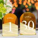  Arch Wedding Table Numbers 1-30 with Stands 5" X 7" Acrylic Mirrored Gold Table Number Holders, Perfect for Wedding Receptions, Parties, Anniversaries, and Events (Gold White Font)