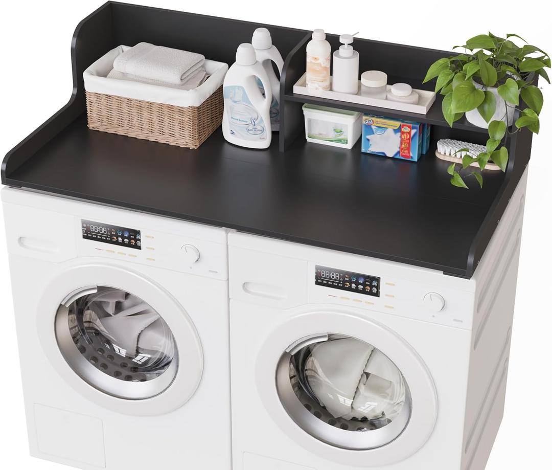 DTK Washer Dryer Wood Countertop with Shelf, Laundry Topper with Non-Slip Mat,27.55" Depth x 54" Width Dryer Covers for The Top with Edge Rails, Black