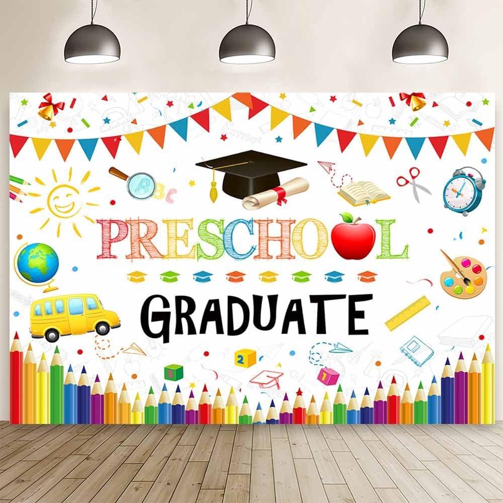 MEHOFOND 7x5ft Preschool Graduate Backdrop for Kids Kindergarten Graduation Photography Background Class of 2025 Preschool Prom Party Decor Colorful Flags Congrats Grad Party Banner Photo Booth Props (White)