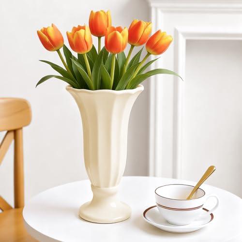 GarDream 10 Inch Minimalist Fluted Ceramic Vase for Flowers, Farmhouse Cream White Flower Vase with Pedestal Base, Tall Decorative Vases for Home Decor, Living Room, Dining Table, Centerpiece, Wedding