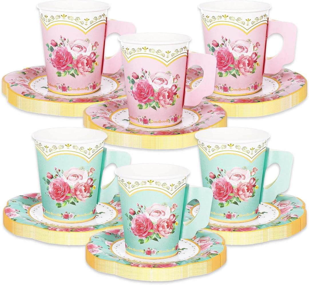 Floral Tea Party Decorations 24 Mint Green Pink Floral Paper Teacups with Handle and Saucers Sets for Wedding Bride Shower Birthday Spring Tea Party Tableware Supplies, Don't Put Hot Drink