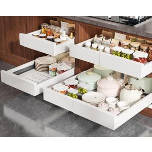 Seinloes 4 Pack Pull Out Cabinet Organizer Expandable Width(13"-21") and Depth(17"-24"),Slide Out Drawers With Raising Pad for Framed Cabinets,No Drill Roll Out Shelves for kitchen,Bathroom,White