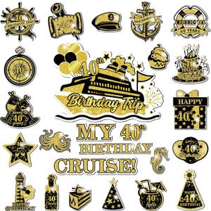 40th Birthday Cruise Door Magnets Decorations, Gold Black Happy 40th Birthday Cruise Ship Door Decor Magnetic for 40th Men Women Anniversary Party Supplies Favors Door Refrigerator Fridge Car Kitchen