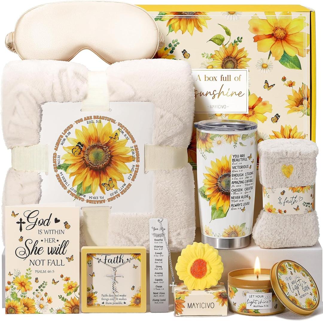 Christian Gifts for Women Faith, Religious Inspirational Sunflower Gifts for Women, Catholic Spiritual Gift Birthday Valentines Day Gift for Her Womens Mom Sister Friend Grandma Wife w/ Blanket