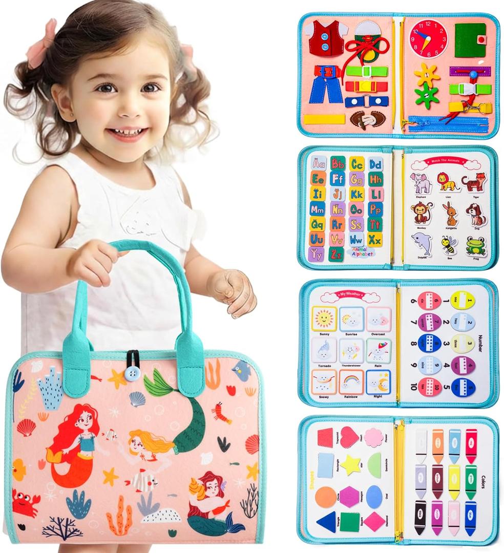 Teefrye Toddler Busy Board Montessori Toys for Toddlers 1-3 Year Old Educational Activity Book Board Sensory Travel Toys Ages 3-5 Preschool Learning Fine Motor Skills Toy Quiet Book Gift for Kids (Pink)