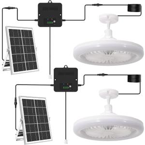 10.2 in Solar Ceiling Fan with Light Indoor Outdoor, Daytime Solar Shed Fan Light with Pull String, 3-in-1 Modes, IP65 Waterproof for Gazebo, Shed, Barn, Patio, Chicken Coop (2 Pack)