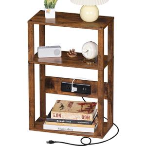 YUFAM 3-Tier Small Narrow Wood Side Table with Charging Station, Skinny Nightstand for Small Space, Slim Bedside Table with Storage for Couch, Thin End Table with USB Ports and Outlets, Rustic Brown