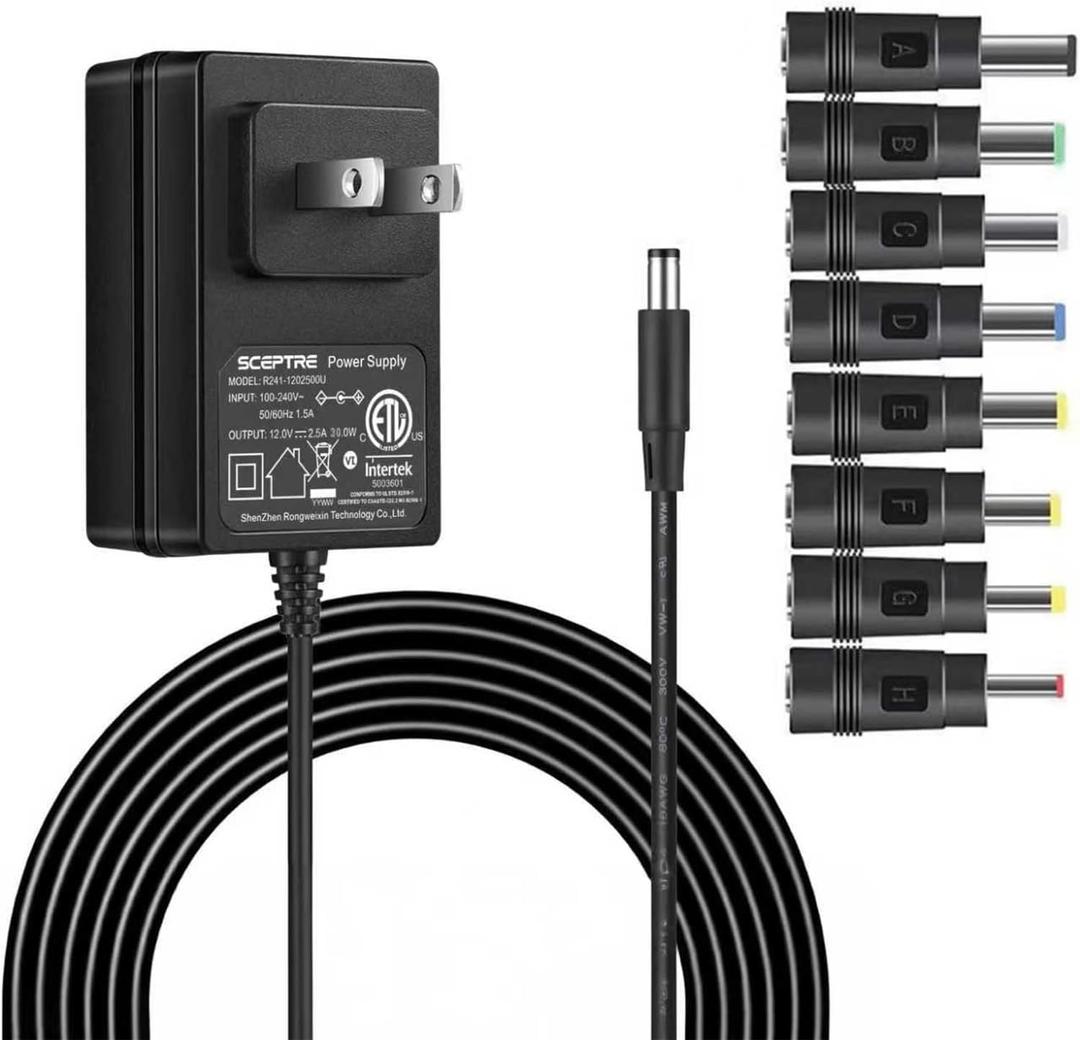 Kado Power Adapter 12V-2.5A 2A 1.5A 1.25A 1A AC/DC Power Cord 5.5x2.1mm with 8 Tips Made for Sceptre Monitor, Echo Smart Speaker & Display, Webcam, Router, Mini PC, Projector, CCTV, Bluetooth Speaker