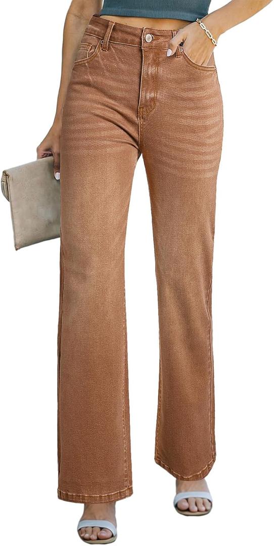 Sidefeel Women's Wide Leg Jeans Casual High Waisted Straight Zimbaplatinum Denim Pants with Pockets (10, Brown)