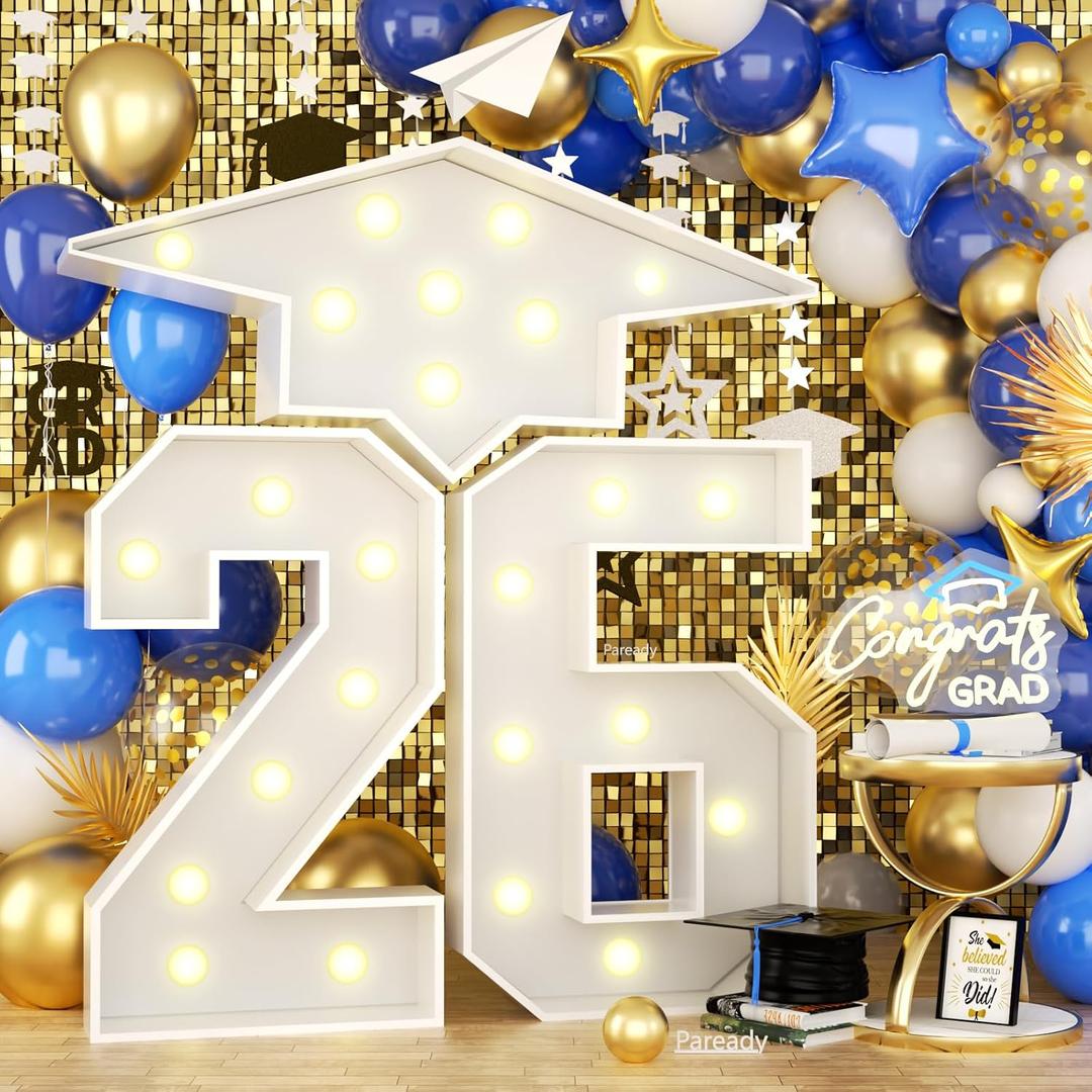 4.5FT Graduation Decorations Class of 2026 - Large Marquee Numbers 26 with Graduation Cap, White Mosaic Frame Number Pre-Cut Cardboard Light Up Kit for University College school Graduate Decorations