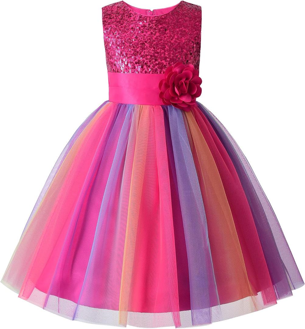 JerrisApparel Flower Girls Sequin Dress Rainbow Tutu Birthday Party Dress Pageant Gown (Rose, 8-9 Years)