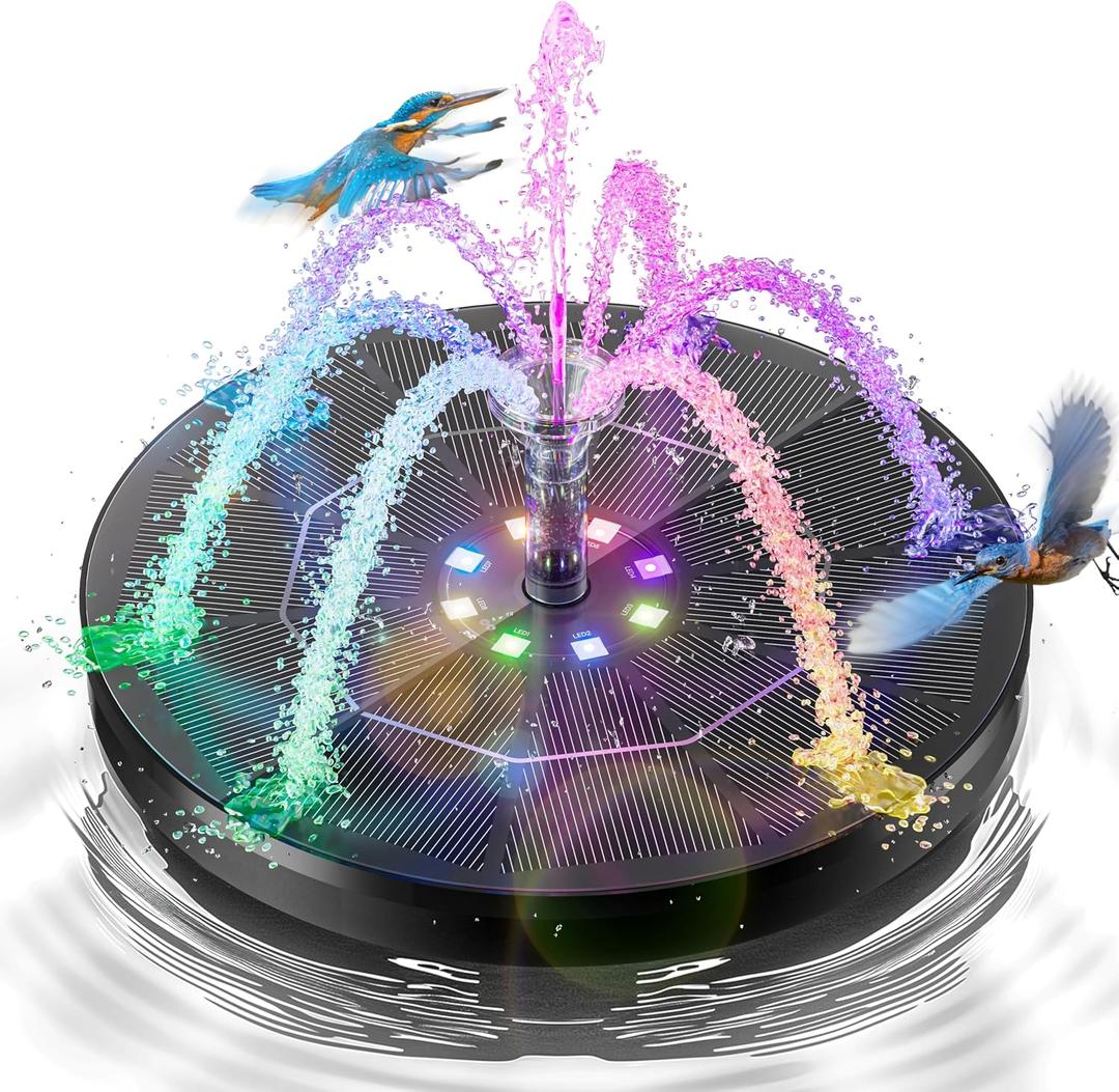3.5W Solar Fountain,Upgraded 100% Glass Panel Solar Bird Bath Fountain with 2000mAh Battery,7 Color RGB LED Lights & 6 Nozzles,Solar Fountain for Bird Bath,Garden, Pond, Pool, Outdoor Decor(Black)