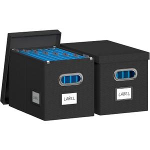 Hanging File Box with Lid, Set of 2 Filing Organizer Storage Box, Linen Collapsible Decorative Office/Home File Cabinet (14x9.3x10.9 inch) (Black)