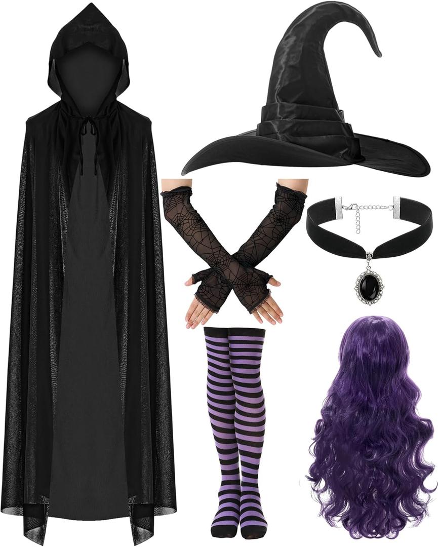 6 Pcs Halloween Witch Costume Set for Women Hooded Cloak Velvet Cape Witch Hat Dark Purple Wig Striped Knee High Socks Spider Web Gloves Gothic Choker for Cosplay Party Costume Accessories
