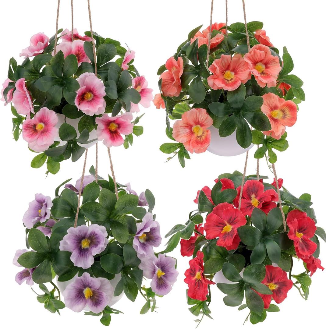 Woration 4 Pack Artificial Fake Hanging Bonsai Flowers Potted Faux Begonia Summer Spring Indoor Outdoor Hanging Plants Decoration - Pink, Orange, Red, Purple