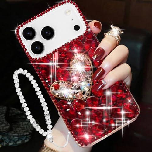 Changjia for iPhone 17 Pro Max Glitter Bling Case,Cute Luxury 3D Sparkle Heart Crystal Rhinestone Diamond Shiny Gemstones with Lanyard Wrist Strap Women Girls Phone Case for iPhone 17 Pro Max 6.9",Red