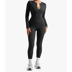 SUUKSESS Women Long Sleeve Ribbed Workout Jumpsuit One Piece V Neck Button Down Yoga Jumpsuits S
