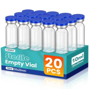 10ml Sterile Vials with Self Healing Injection Port and Sealing Cap, Glass Sterile Vials for Injections (20 Pack)
