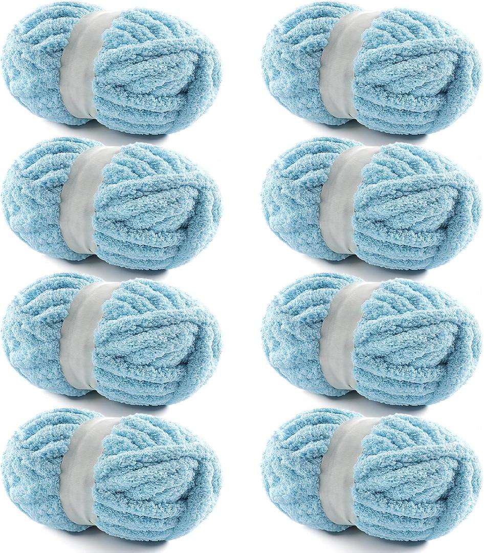 8 Pack Chunky Yarn for Hand Knitting - Chunky Chenille Blanket Yarn for Crocheting - Jumbo Fluffy Yarn for Crochet - Super Bulky Yarn 25 yds 7.7 oz Each Skein (Lake Blue)