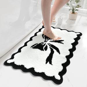 Anybar Bow Bath Mat Black White Bathroom Rug Cute Scalloped Rugs Non Slip Floor Carpet Microfiber Bathmat Soft Super Absorbent Machine Washable Bathmat for Shower Scallop Bathroom Mats18x25 inch