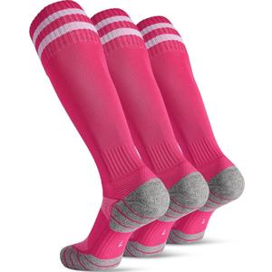 CWVLC Soccer Socks for Kids Youth Adult, Cotton Football Softball Baseball Socks (Large, Pink-3 Pairs)