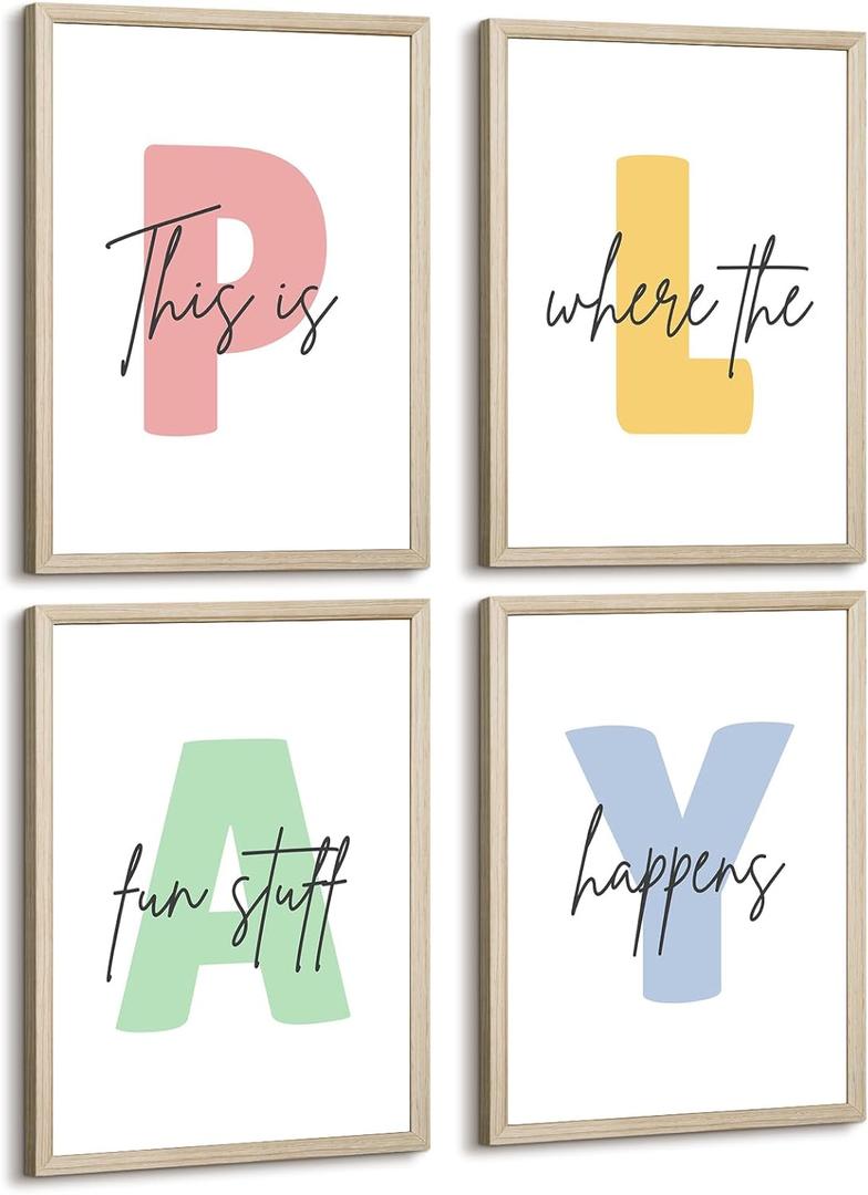 Kids Playroom Wall Art Decor Play Room Poster Baby Boy Kids Nursery Canvas Wall Decor Toddler Children Playroom Print Artwork Let's Play Sign Pictures for Bedroom Set of 4 8x10 Inch Wooden Frame