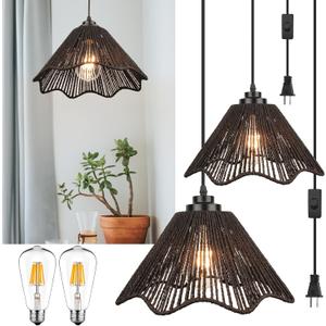 Rattan Plug in Pendant Light Set of 2 (Bulbs Included), 12"x6" Boho Hanging Lights with 13FT Black Hemp Plug-in Cord, On/Off Switch for Living Room, Bedroom, Kitchen (Umbra Wave - Black (2-Pack))
