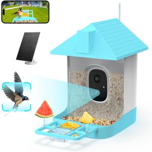 Smart Bird Feeder with Camera, 5200mAh Battery with Solar Panel, 2K Live View/AI Identifies/App Control/Instant Arrival Alert/Auto Capture/135 Motion Detection/IP65 Waterproof, Ideal Gift (Lake Blue)