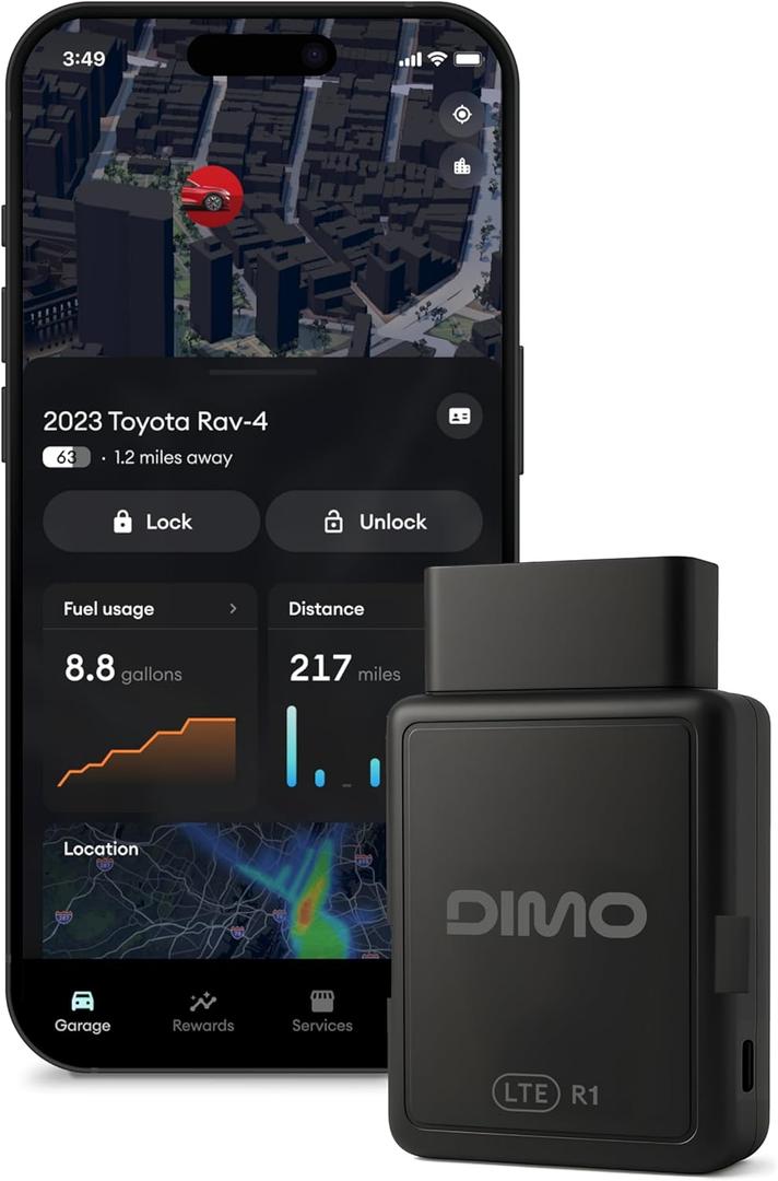 DIMO GPS Vehicle Tracker with Real-Time Location | OBD2 Wireless Scanner, AI-Powered Diagnostic Tool for Check Engine Light & 9000+ Error Codes | Track Driving Habits, Battery & Fuel Usage