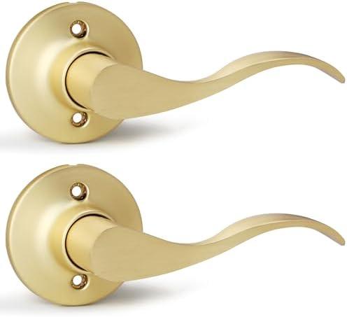Bonpoly Brushed Gold Door Handles 2 Pack, Dummy Door Lever Interior, Satin Brass Door Knobs, Wave Door Handle for Closet or Pantry, Right Handing