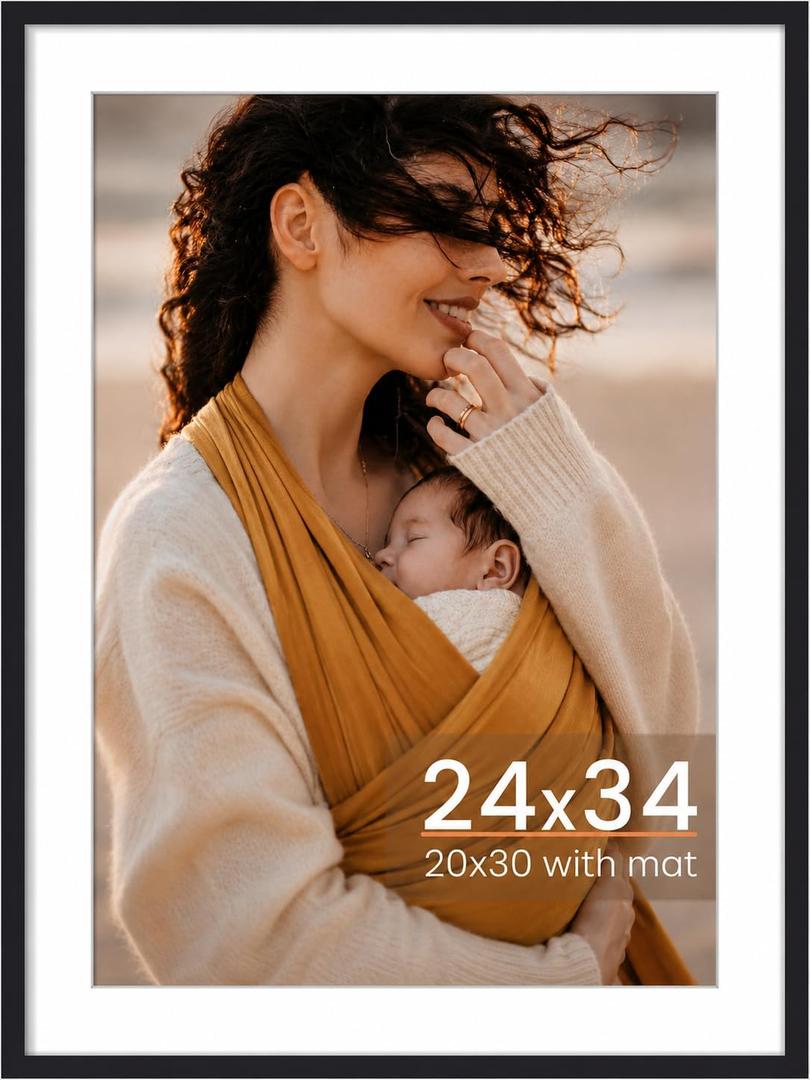 24x34 Picture Frame, Photo Frame with HD Plexiglass, Display Pictures 20x30 with Mat or 24x34 Without Mat for Wall Display, Wall Hanging Photo Frame,1 Pack, Black
