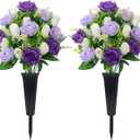 Grave Decorations for Cemetery Artificial Memorial Roses Flowers Bouquets with Vases for Outdoor Grave Decorations Long-Lasting(Purple)