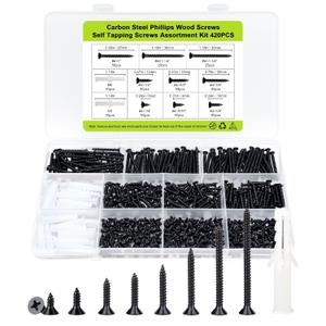 #4 Flat Head Small Wood Screws Assortment kit 420Pcs, Black Phillips Short Screw, Carbon Steel, Cabinet Hinge Mounting, Electronics DIY Micro Screws Fasteners Set, Contains 20pcs M6 Screw Anchors
