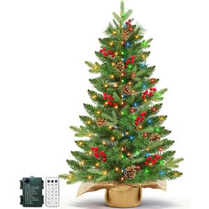 Remote Control-3 ft Artificial Small Christmas Tree with Dual Color Change Lights Timer, Perfect PE+PVC Spruce Mini Tabletop Christmas Tree, Pinecone Red Berry Burlap Base for Xmas Desk, Home Decor