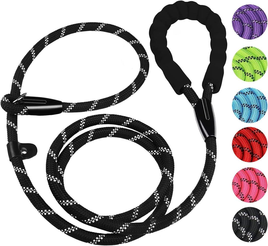 Dog Leash, 6 FT Heavy Duty Dog Leashes, Durable Premium Quality Strong Rope Slip Leash with Comfortable Padded Handle and Highly Reflective Threads for Small Medium and Large Dogs, (Black) (6 Feet x 1/2 Inch)