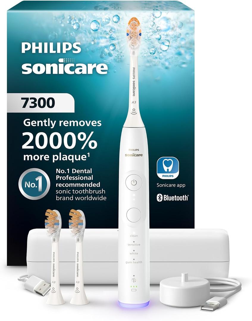 Philips Sonicare 7300 Series Electric Toothbrush - Next-Generation Sonicare Technology, Pressure Sensor, 12 Brushing Settings, SmarTimer, BrushPacer, 21-Day Runtime, Travel Case, White, HX7420/07