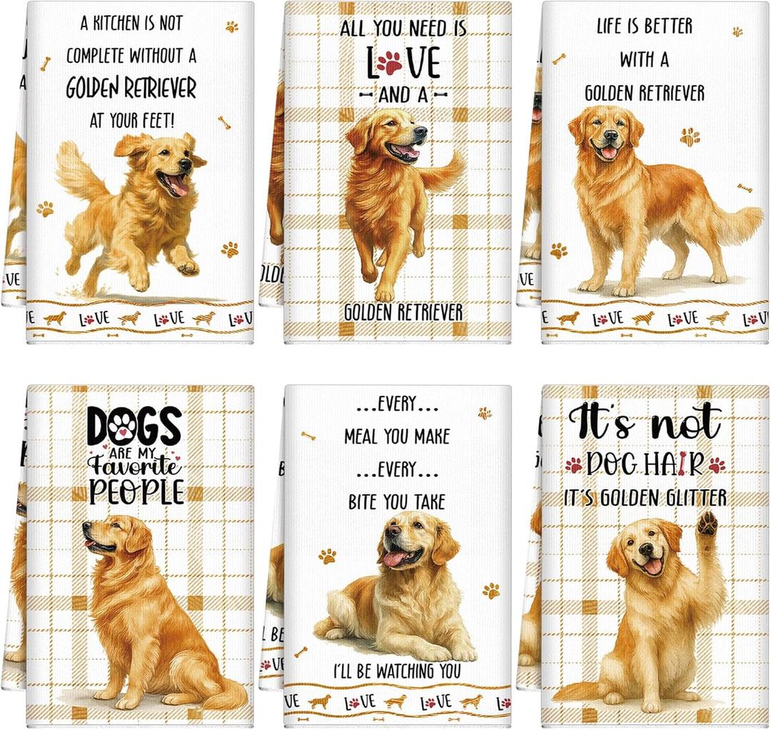 Redbaker 6 Pcs Golden Retriever Kitchen Towels Funny Dish Towel Gifts for Golden Retriever Lovers Kitchen Hand Tea Dishcloth Dog Owner Decorative with Hanging Loop for Christmas Home Housewarming Gift