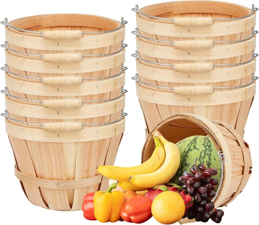 10 Pack 7.9 x 5.9 Inch Round Wooden Baskets Empty Fall Harvest Basket Wood Fruit Bucket with Handle Fruits Vegetables Storage Container for Farmer Fruits Vegetables Garden Party Supplies