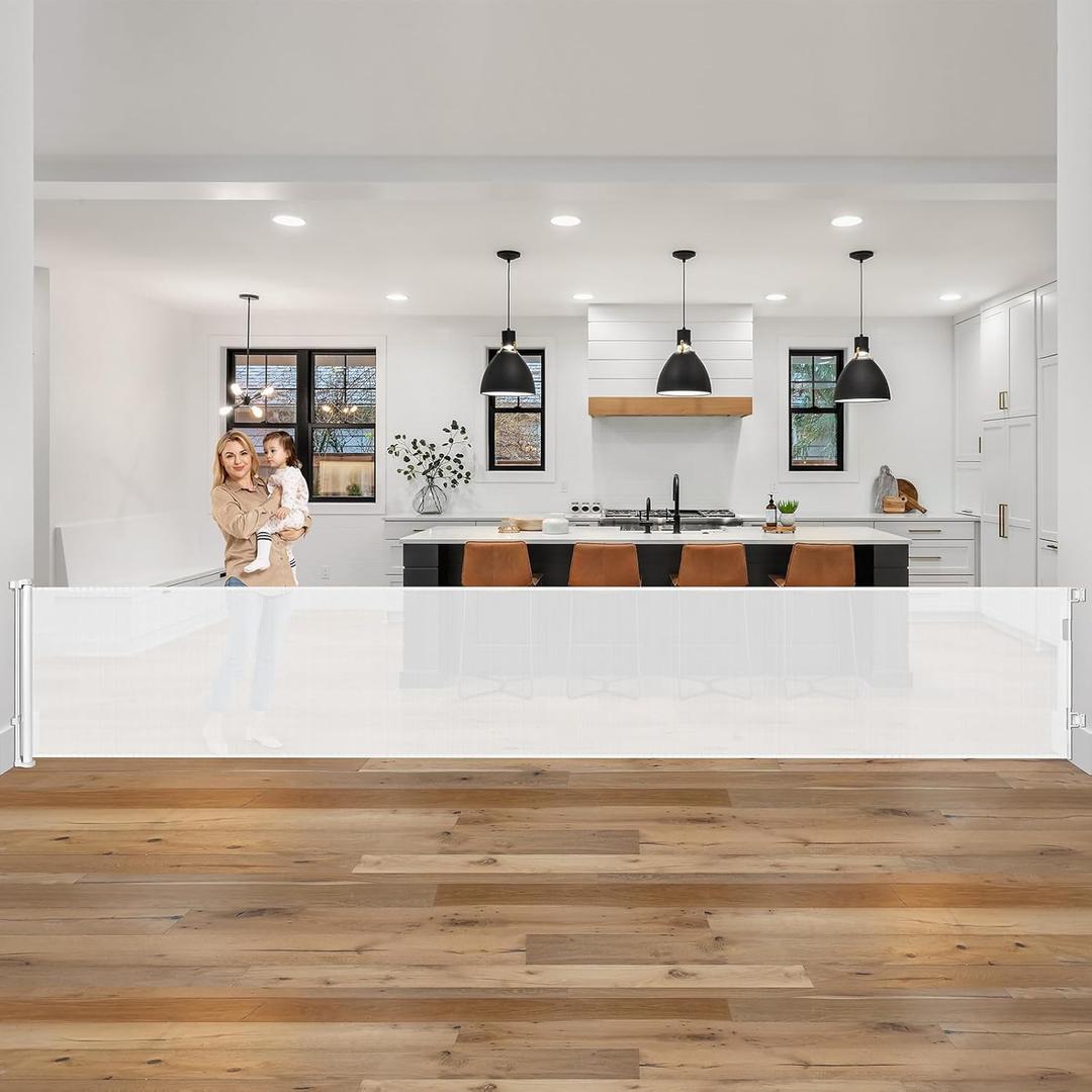 185 Inch Wide Retractable Baby Gates Outdoor Retractable Dog Gate Indoor Extra Long Baby Gate Retractable Pet Gate, Dog Gates for The House Extra Large Pet Gate, Child Gates for Wide Openings, White