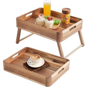 Acacia Wood Serving Tray with Retractable Legs - Convertible Breakfast Bed Tray & Camping Table, Portable Foldable Side Table for Dining, Picnic, Outdoor Use (Natural Wood Finish)