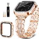 Bling Strap Compatible with Apple Watch Band 46mm for Women, Diamond Jewelry Replacement with Crystal Protector Case for Series 10 Apple Watch Bands Rose Gold, Metal Shiny Bracelet for iWatch Girl