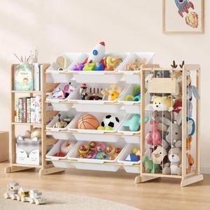 Toy Storage Organizer with Bookshelf and Stuffed Animal Storage, Playroom Toy Organizer with 12 Toy Bins for Bricks, Toy Holder for Toddler Rooms, Playrooms, Bedrooms